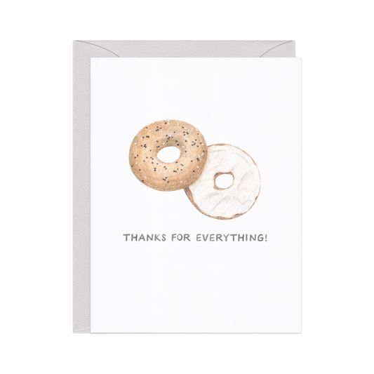 Greeting card with an everything bagel and cream cheese and 'Thanks for everything!' text on a white background
