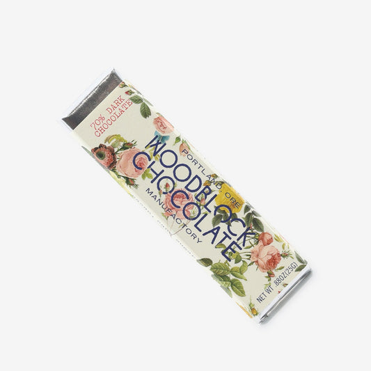 70% House Blend Bar from Woodblock Chocolate with floral design on a white background