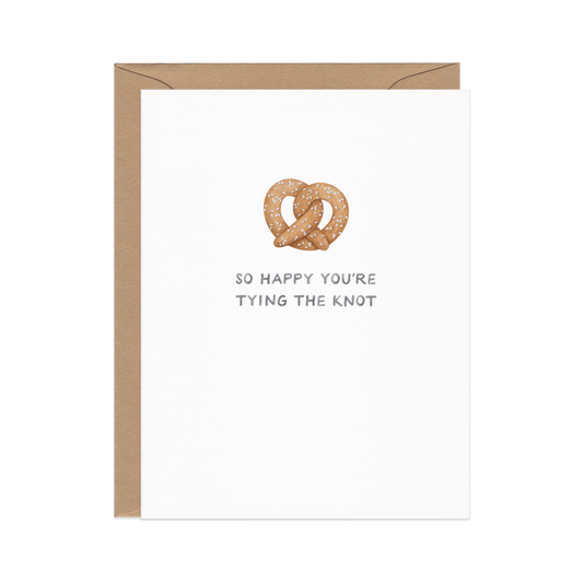 Card with a pretzel design and text 'So happy you're tying the knot' on a white background.