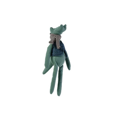 Green plush alligator toy with a striped shirt on a white background