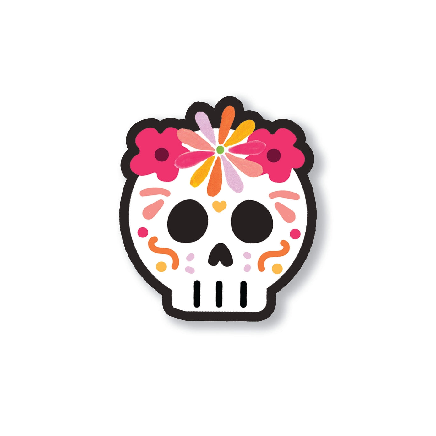 Vinyl sticker of a colorful sugar skull with flowers on a white background