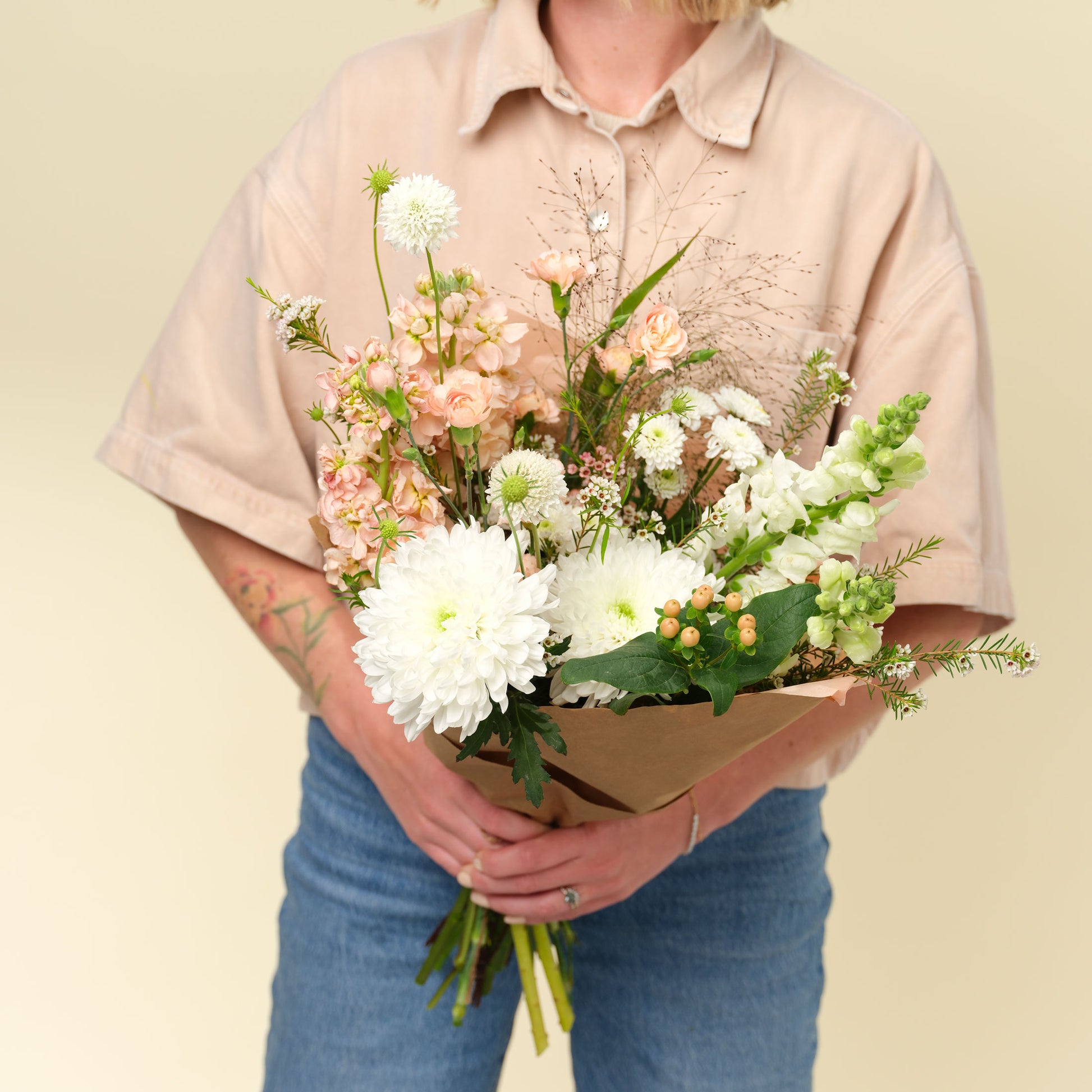 Neutral and pastel classic flower wrap from San Diego florist Native Poppy