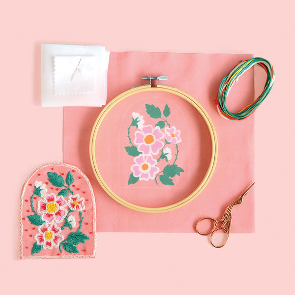 DIY Embroidery Kit to make a Roses Patch, including embroidery hoop and scissors