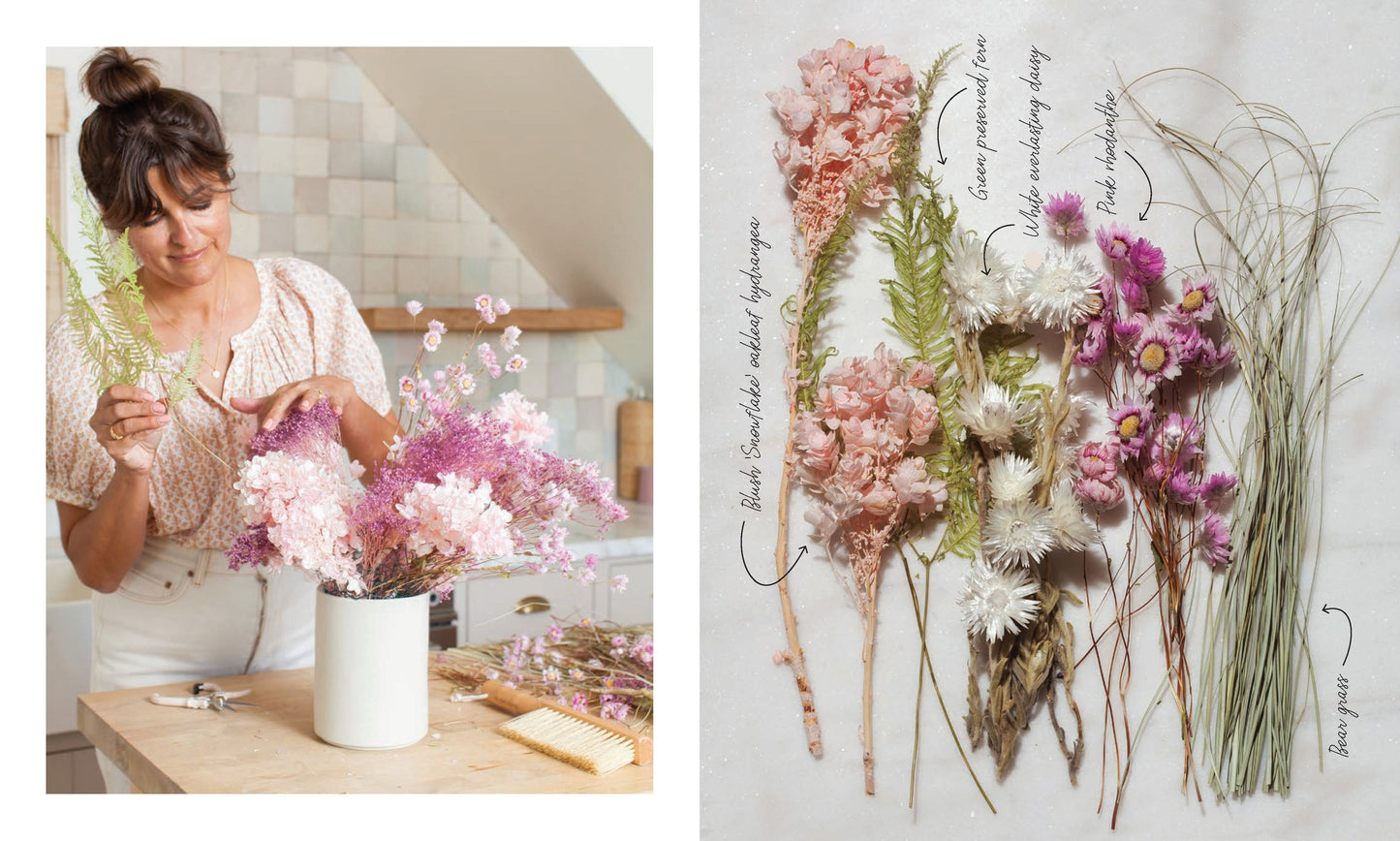 Woman arranging flowers in a vase with a close-up of floral arrangements on a white background.