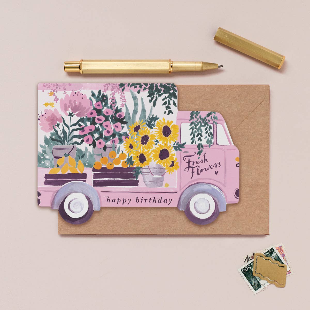 Flower Truck Birthday Card from Sister Paper Co. and gold pen