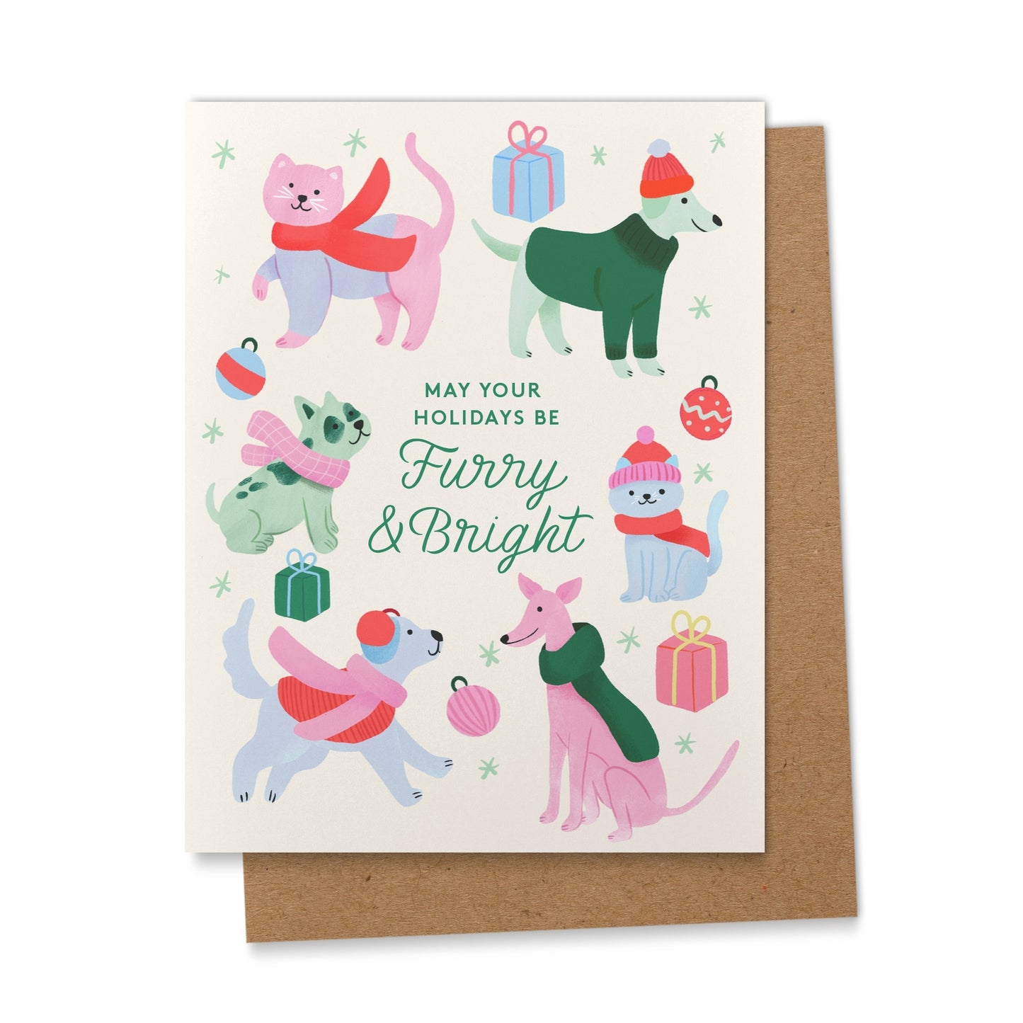 Greeting card with illustrations of dogs and cats wearing winter clothing and accessories, with a brown envelope.