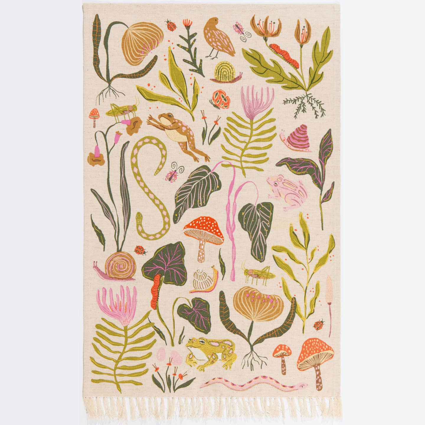 Decorative dishtowel with colorful floral and nature-themed pattern on a beige background