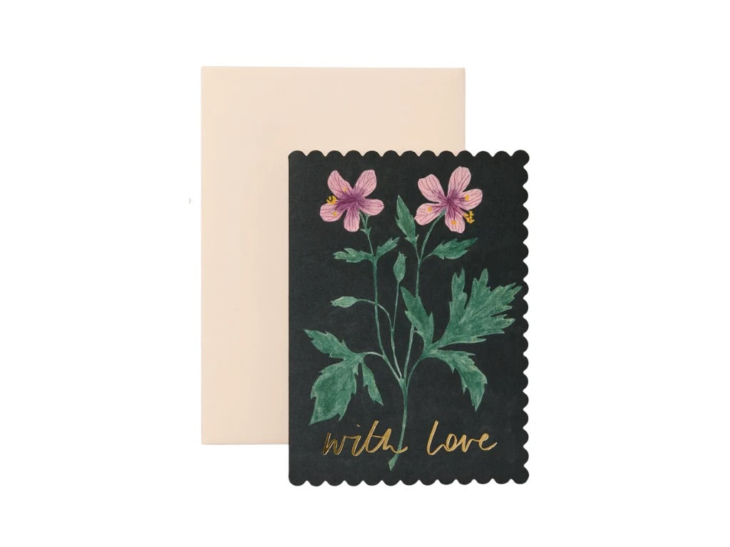 A new addition to our Flora collection, this inky black card has taken inspiration from vintage botanical drawings. It features a die cut scalloped edge, beautiful floral illustration and golden foil on the front and back of the card. We've paired this card with a luxury blush pink envelope.