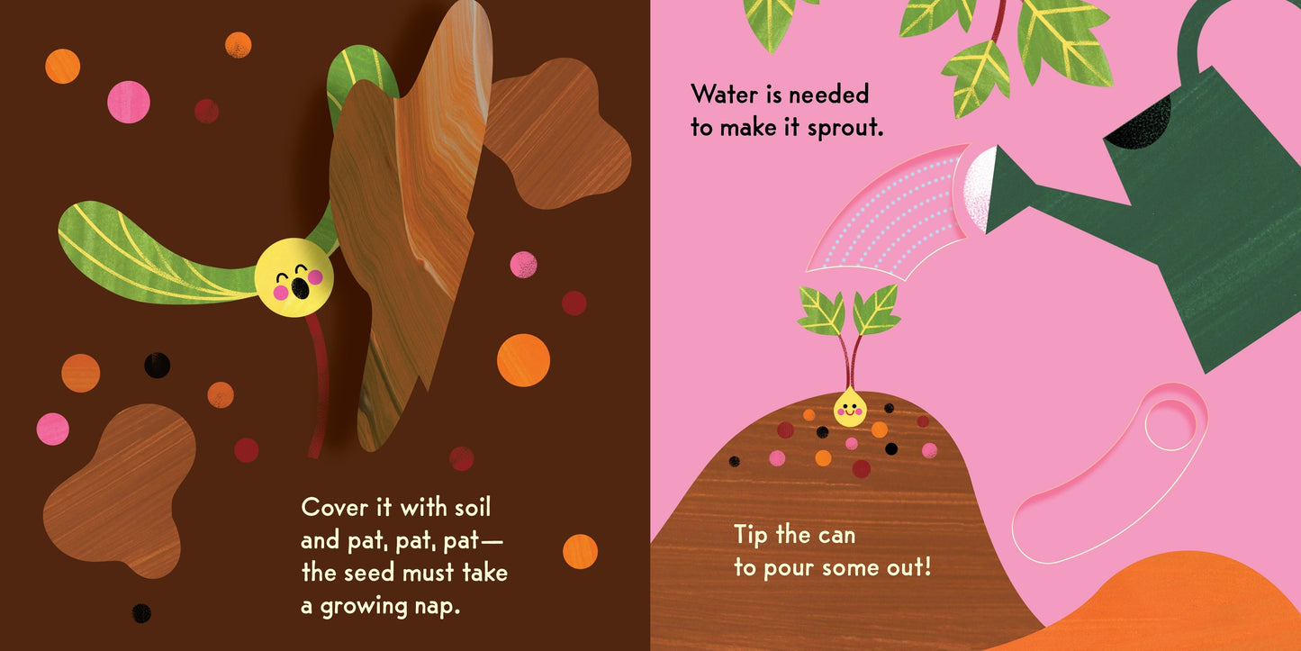 Illustrated book page with a seedling and watering can on a pink background
