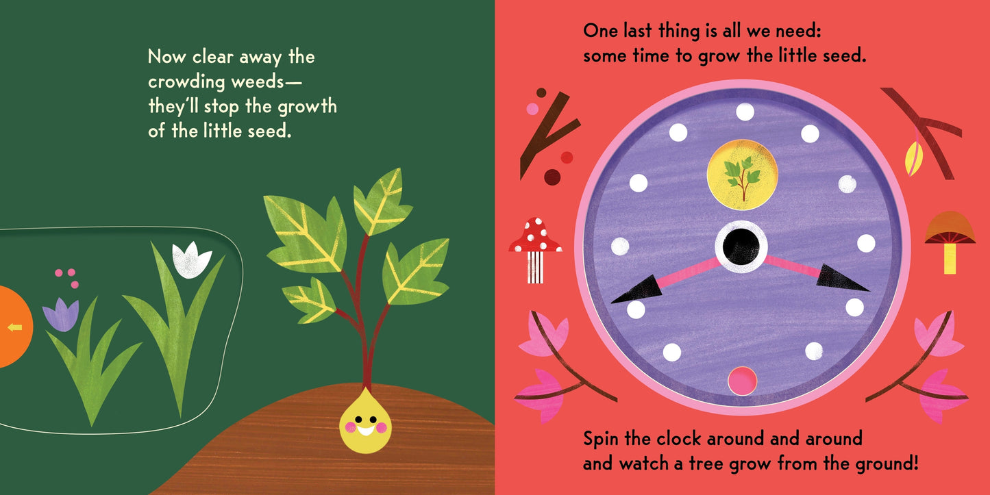 Illustrated book page with a plant and a clock, featuring text about growing a seed.