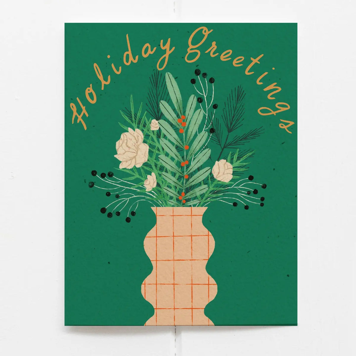 A little front-door cheer for the season. This hand-drawn Christmas card features a festive entryway dressed with a wreath, stacked presents, and plenty of nostalgic holiday charm.