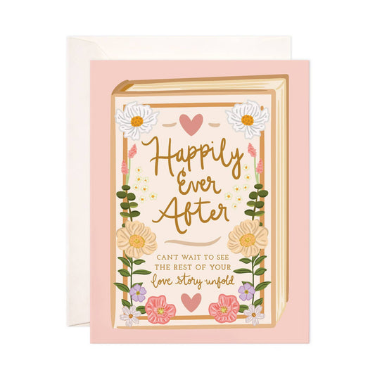 Greeting card with floral design and 'Happily Ever After' text on a pink background
