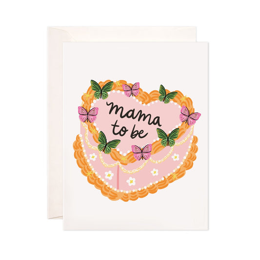 Greeting card with 'Mama to be' text and butterfly design on a white background
