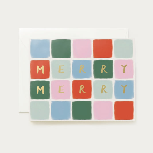 illustrated card with colorful square tile and "merry merry" in gold foil lettering