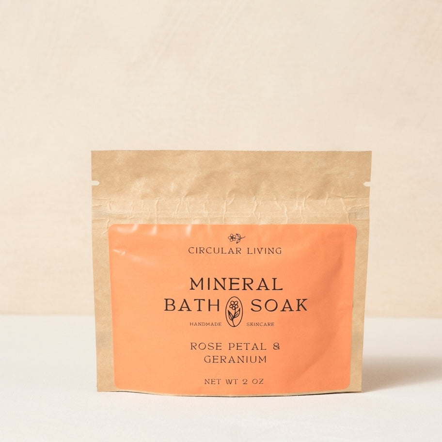 Mineral bath soak package with 'Circular Living' branding on a beige background