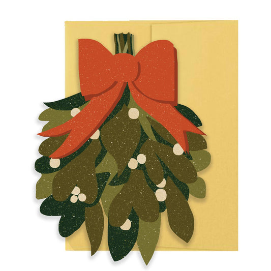 Christmas card with mistletoe and red bow on a yellow background