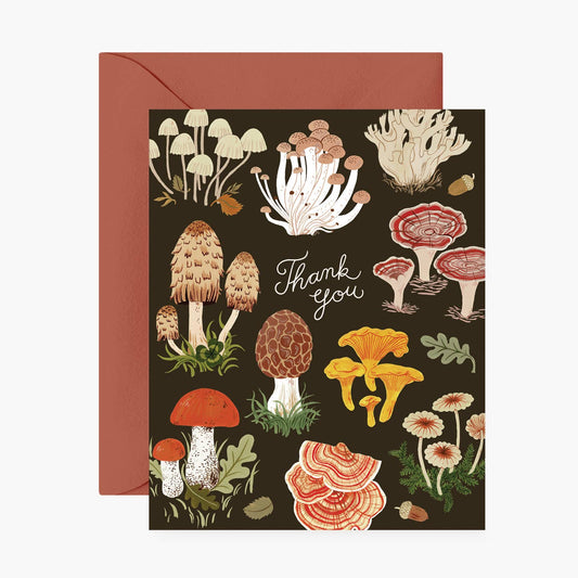 Greeting card with colorful mushroom illustrations and 'Thank you' text on a brown background.