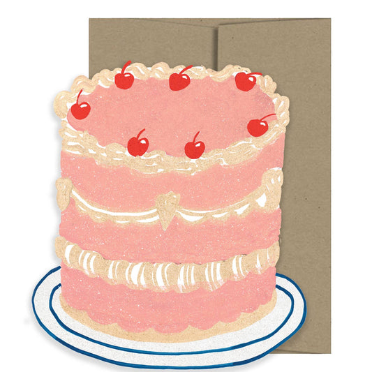 Card with a pink cake illustration and cherries on top, featuring a brown envelope.