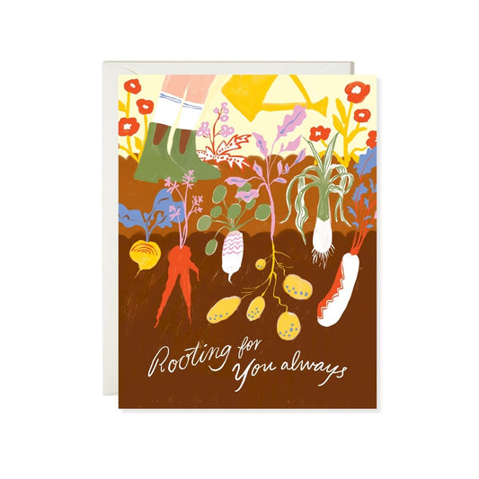 Greeting card with garden-themed illustration and 'Rooting for You always' text on a white background