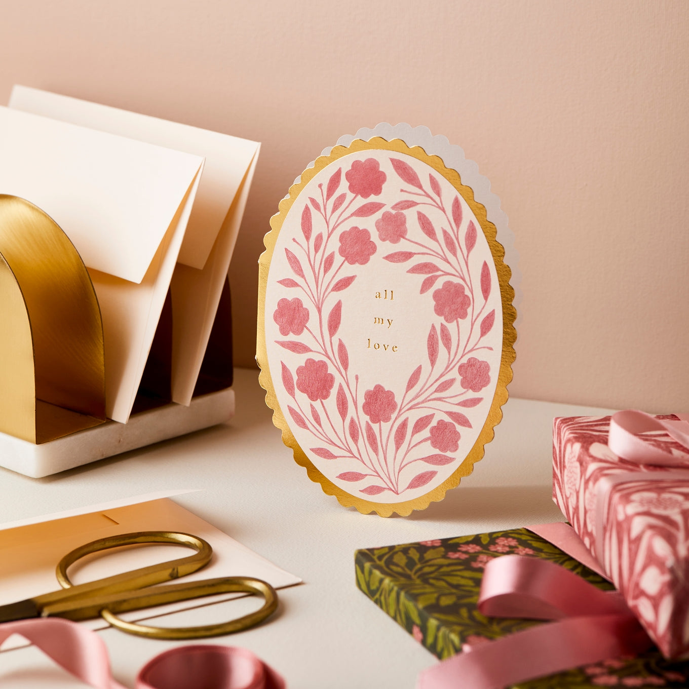 Rose Floral 'All My Love' Card on desk with gifts