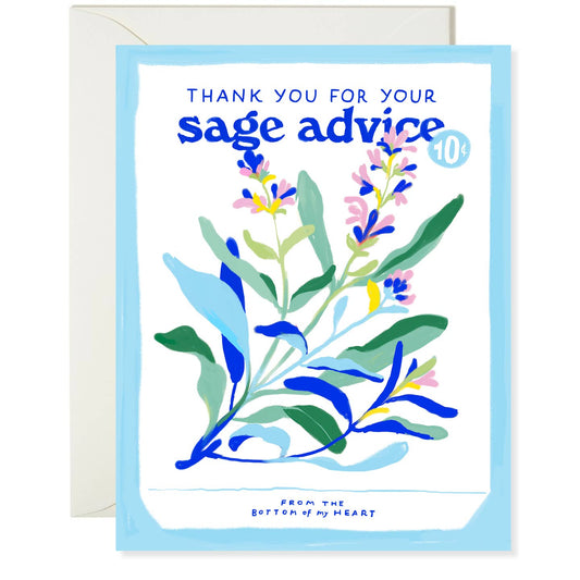 Greeting card with floral design and text 'Thank you for your sage advice from the bottom of my heart' on a white background.