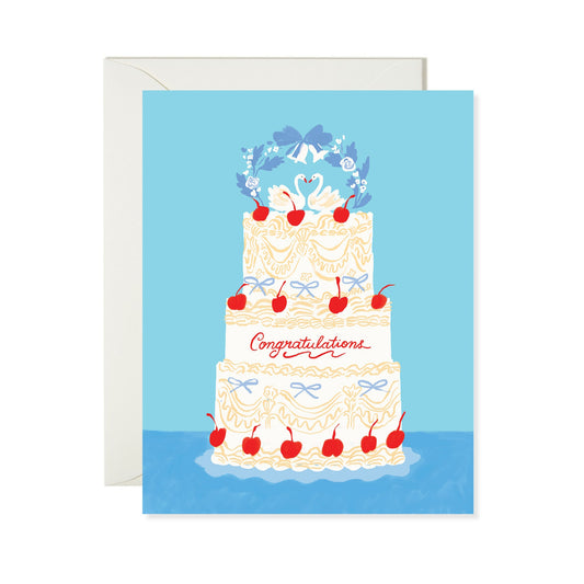Greeting card with a wedding cake illustration and 'Congratulations' text on a blue background.