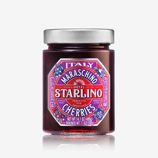 Jar of Starlino Italian Maraschino Cherries on a white background