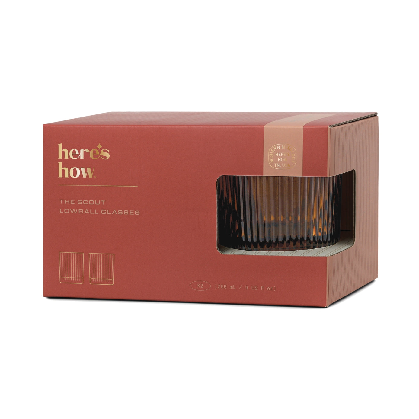 Red box packaging for 'The Scout Lowball Glasses' with brand name 'here's how'.