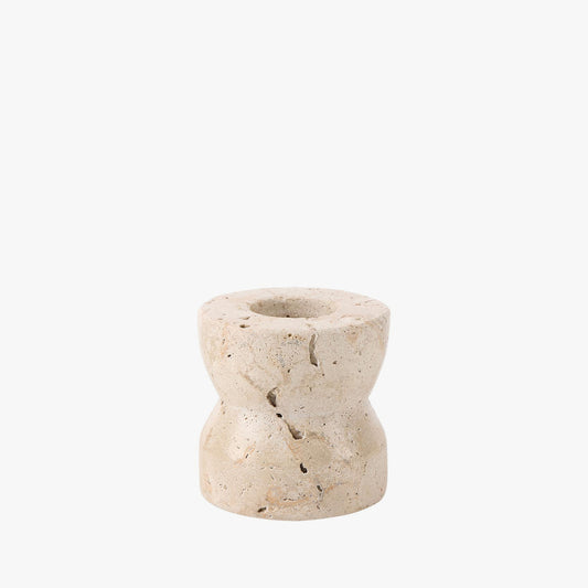 Beige Travertine Marble Taper Candle Holder on a white background