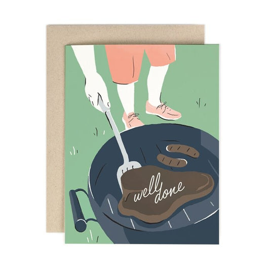 Greeting card with illustration of a grill and sausages, and a steak that says "well done"