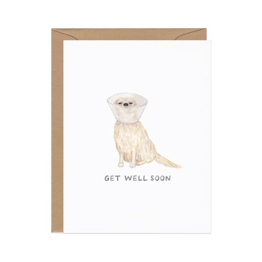 Card with a labrador in a cone on a white background with 'Get Well Soon' text.