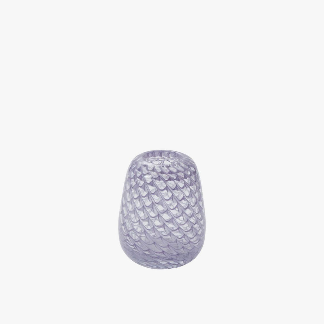 Short purple glass bud vase with swirling patterns