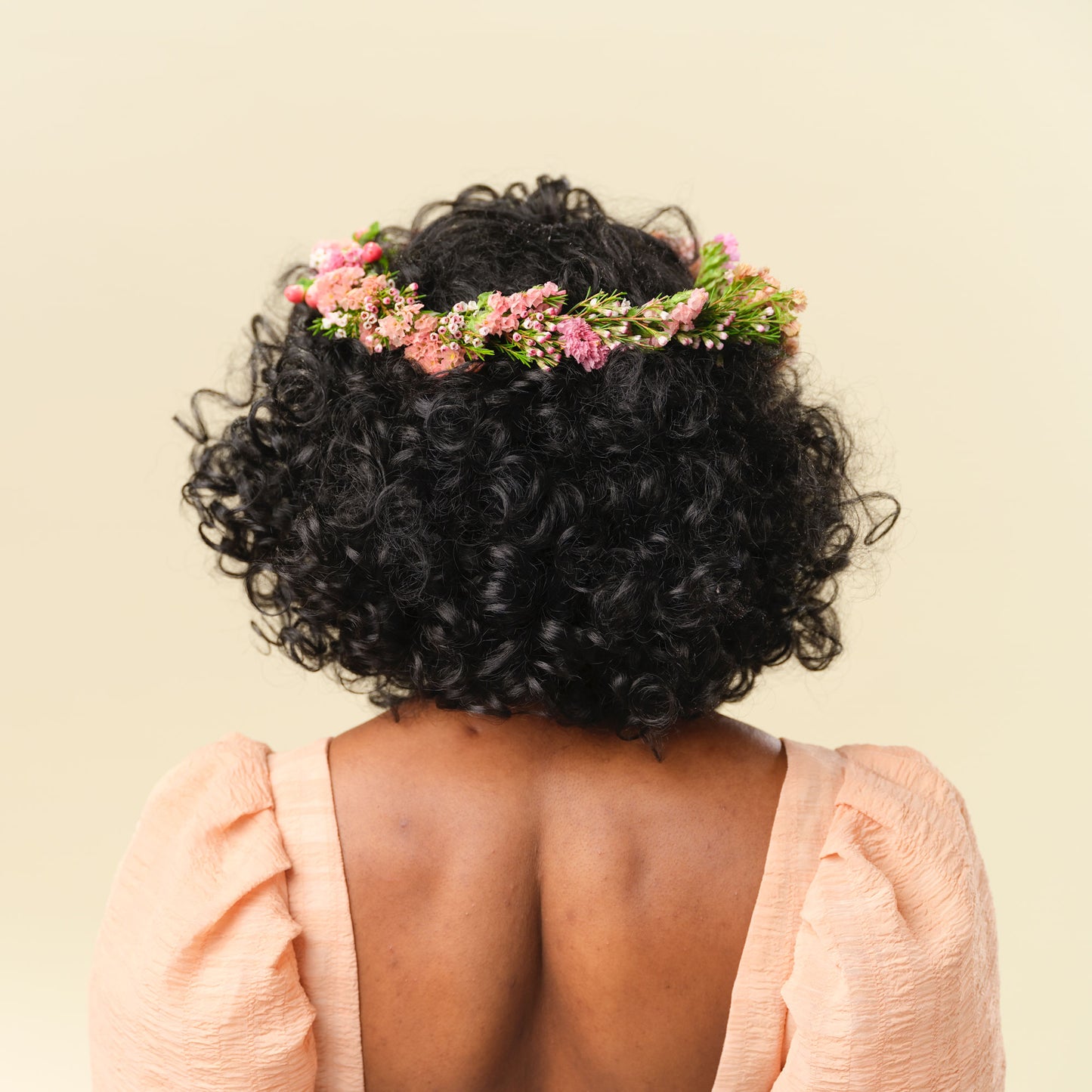 Back side view of colorful flower crown from Native Poppy