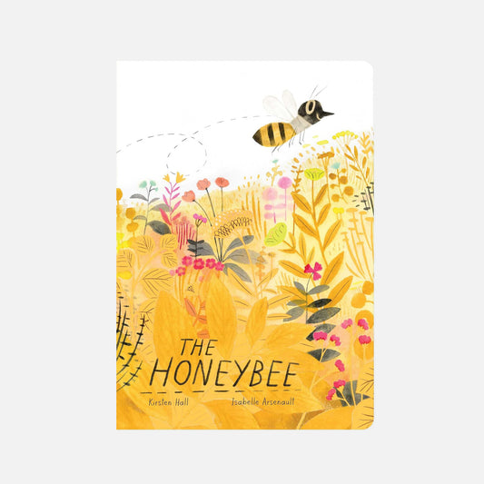 Book cover of 'The Honeybee' by Kirsten Hall with a bee and floral design on a white background