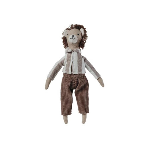 Stuffed toy lion wearing a shirt and pants on a white background