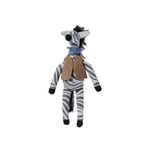 Stuffed zebra toy with a saddle and blanket on a white background