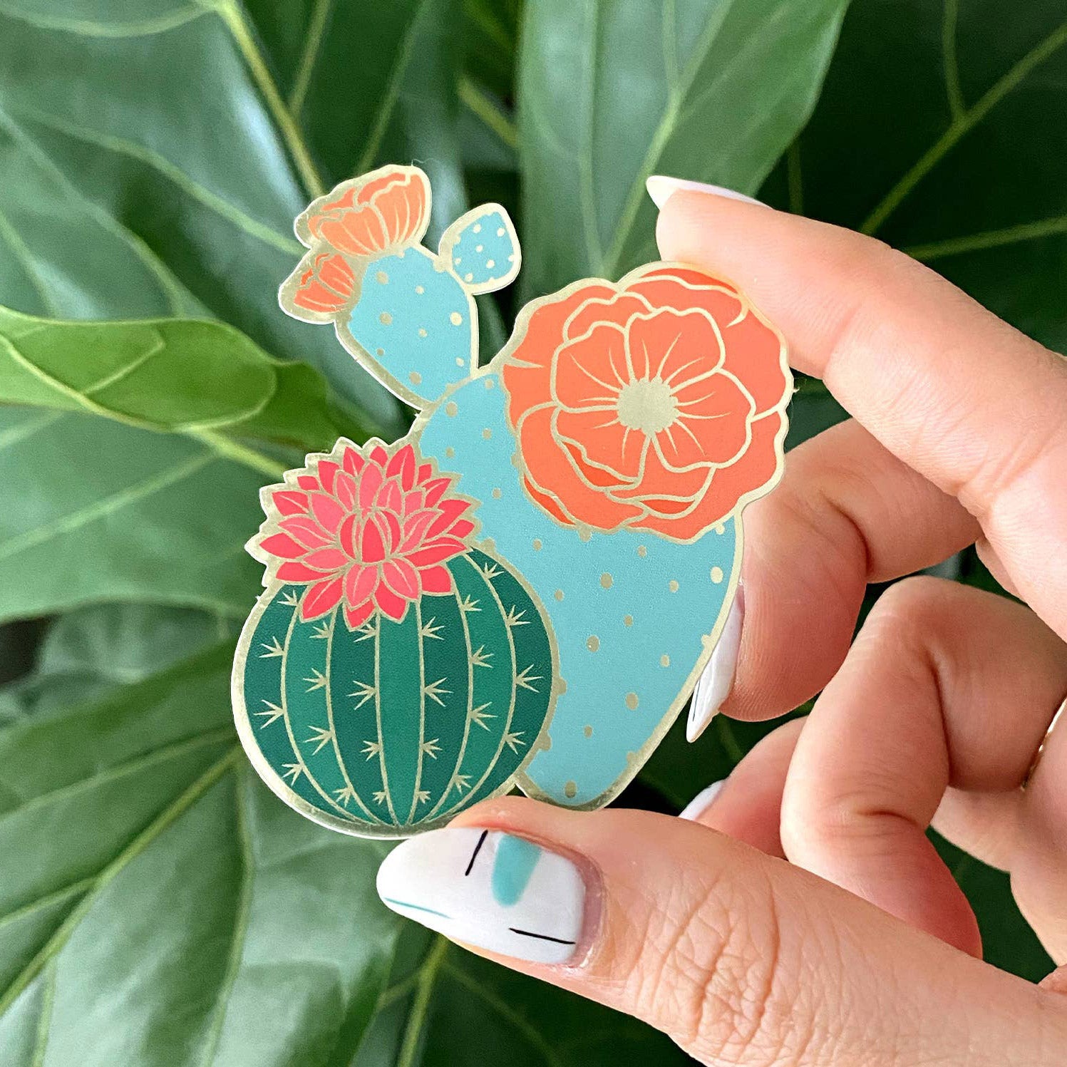 Blooming Cacti Sticker with metallic accents