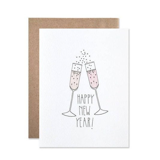 Happy new year card - pink bubbly champagne flutes