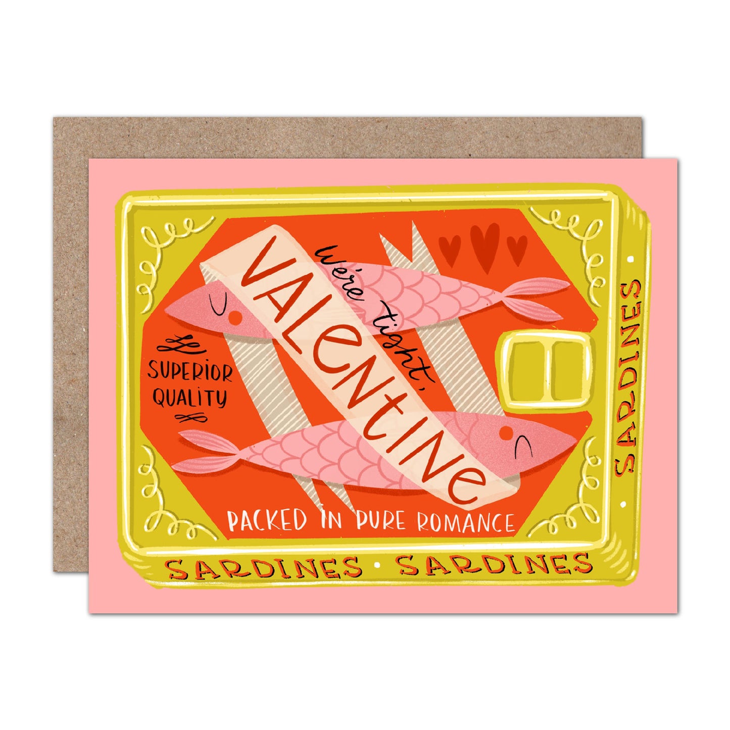 Valentine Sardines Greeting Card - pink illustrated sardines "packed in pure romance"