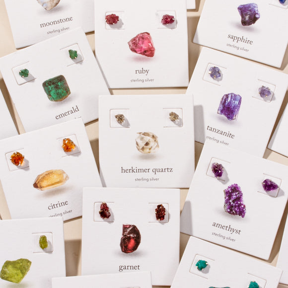 Raw gemstone Birthstone Earrings from Luna Norte mounted on cards