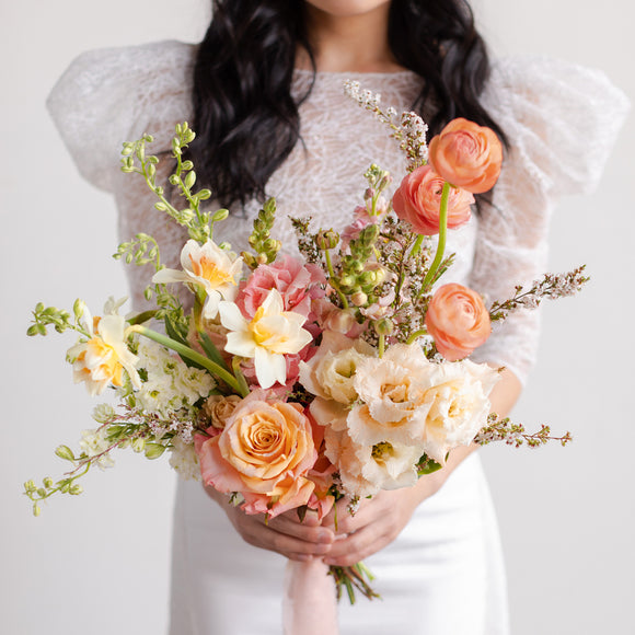 Pink and peach floral bridal bouquet from Native Poppy