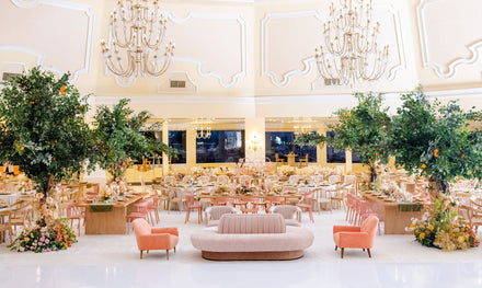 Hand-crafted orange trees installed in the ballroom of the Hotel Del Coronado