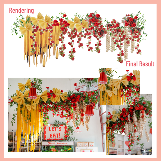 Pasta themed wedding floral installation with tomatoes and garlic hanging from ceiling