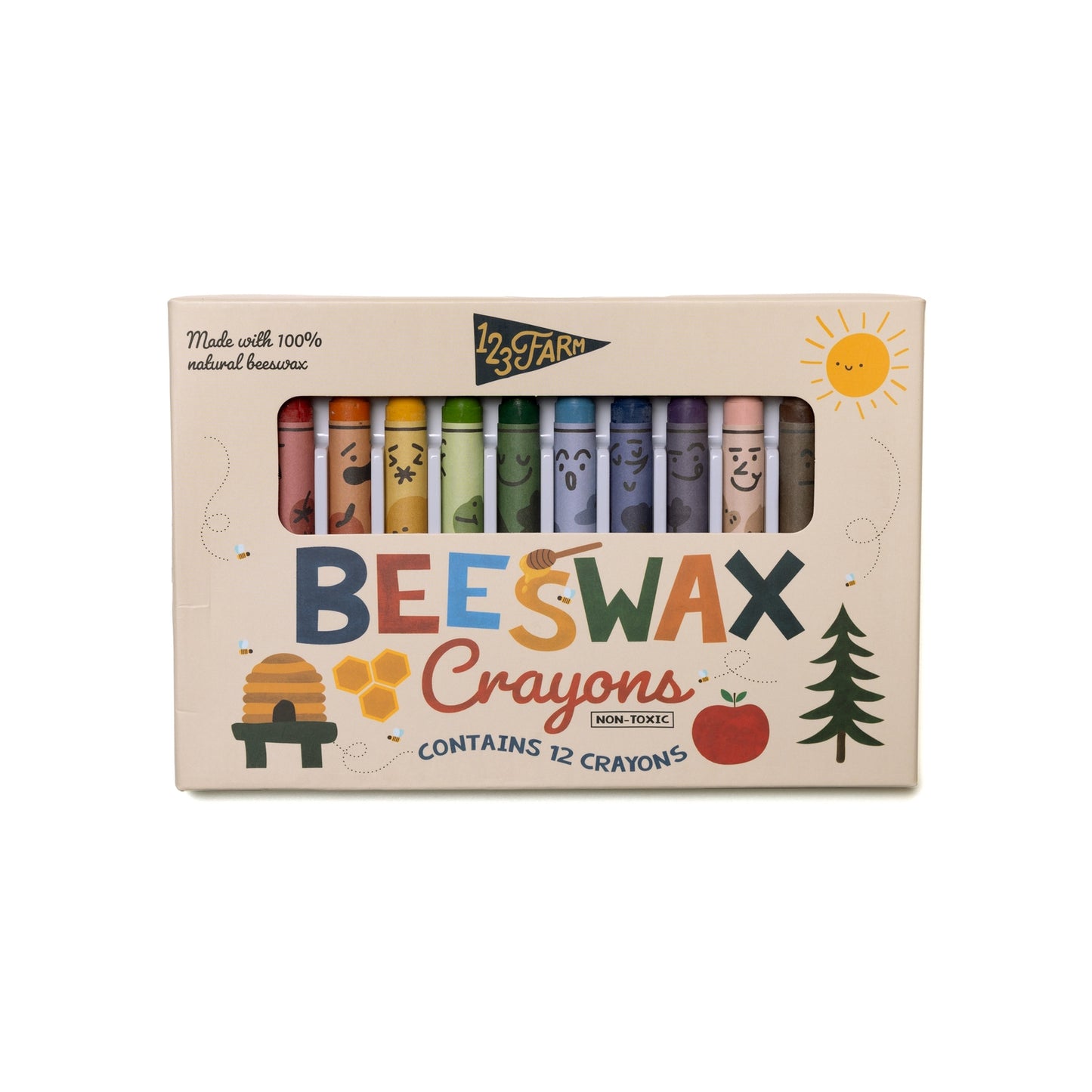 Box of beeswax crayons with colorful crayon illustrations on a white background