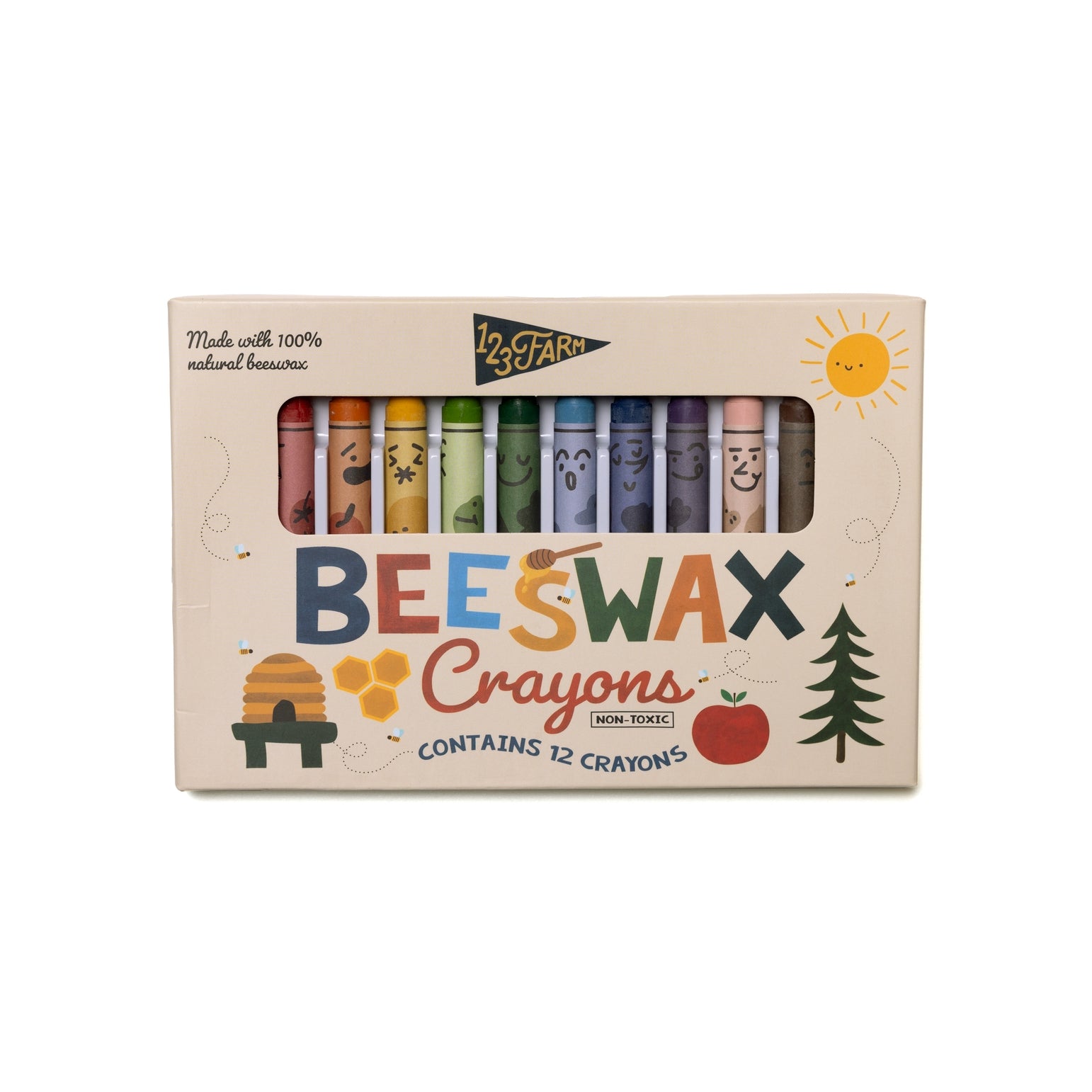 Box of beeswax crayons with colorful crayon illustrations on a white background
