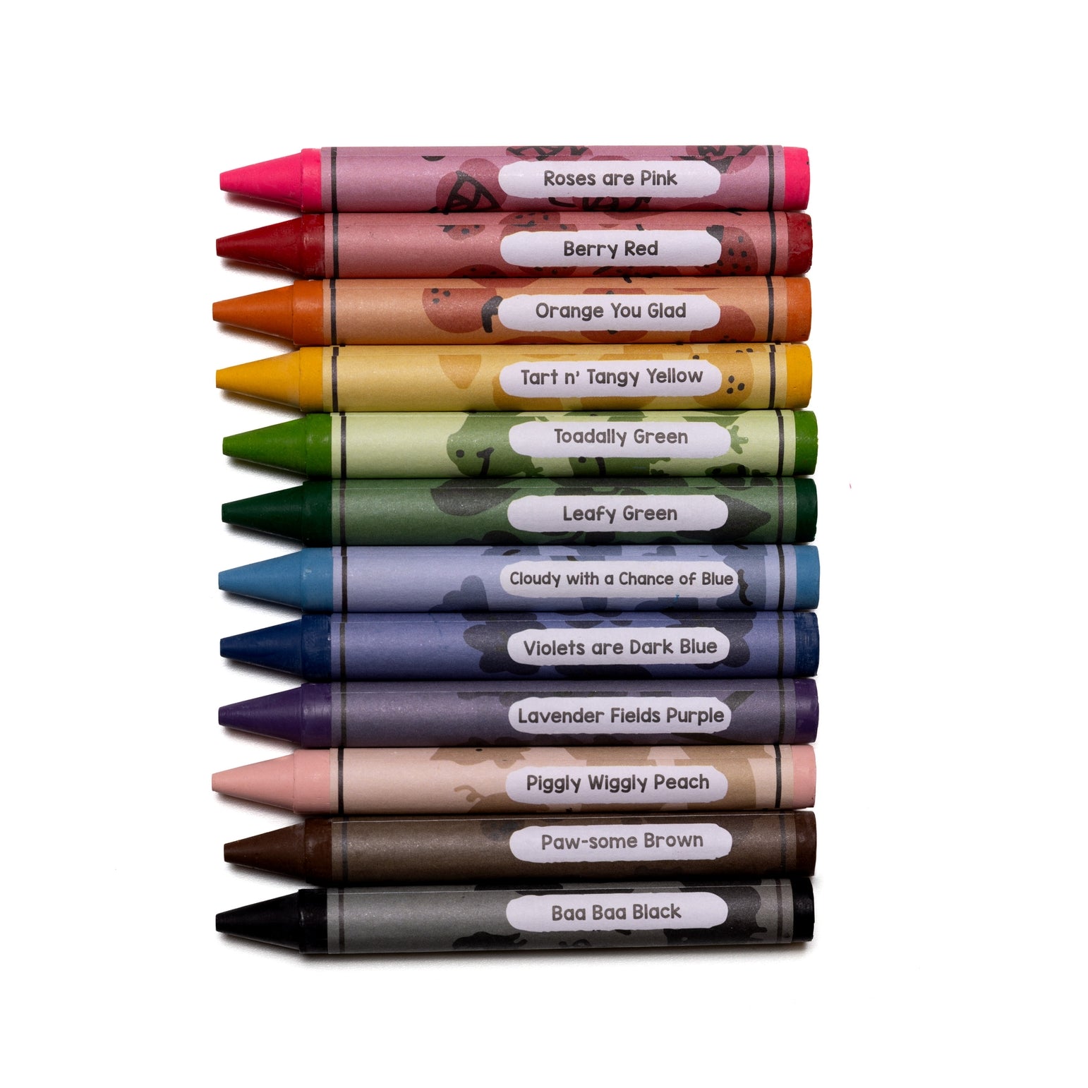 Stack of colorful crayons with labels on a white background