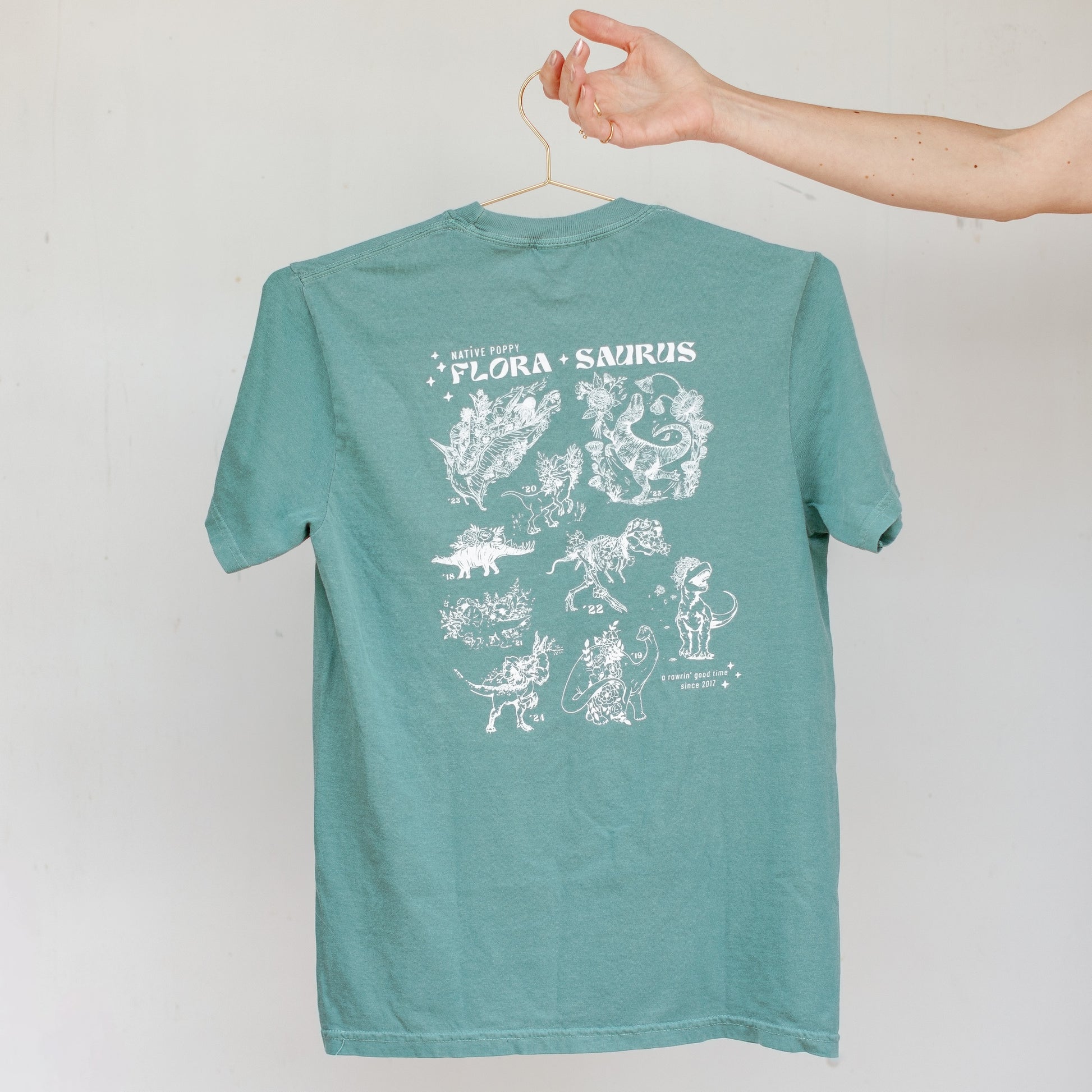 Back of green florasaurus tee shirt from 2026