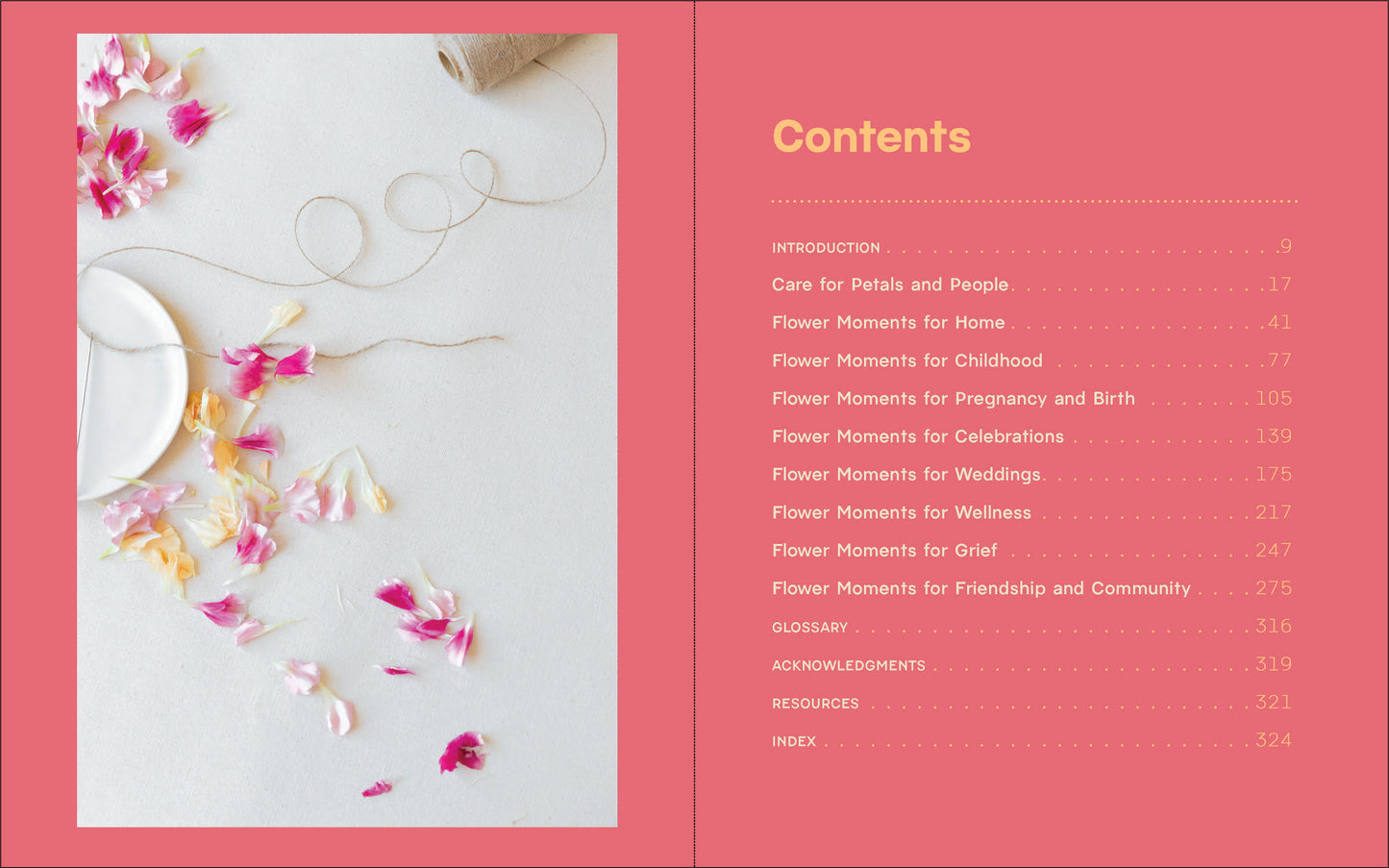 Table of contents page with floral design on a pink background