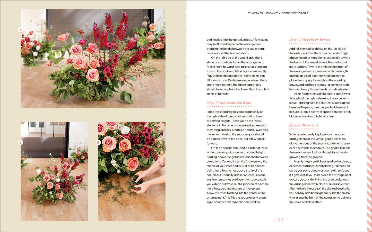 Book open to a page with floral arrangements and text on a beige background