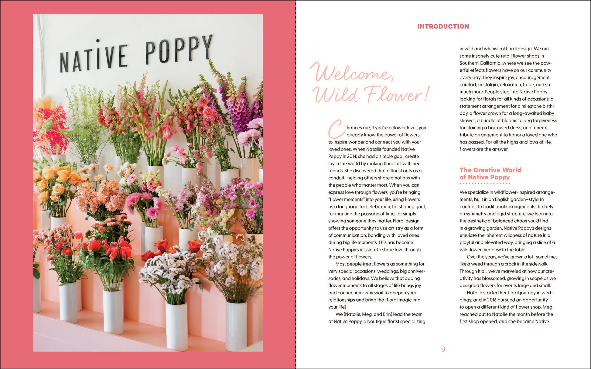 Floral display with 'Native Poppy' branding on a book page.